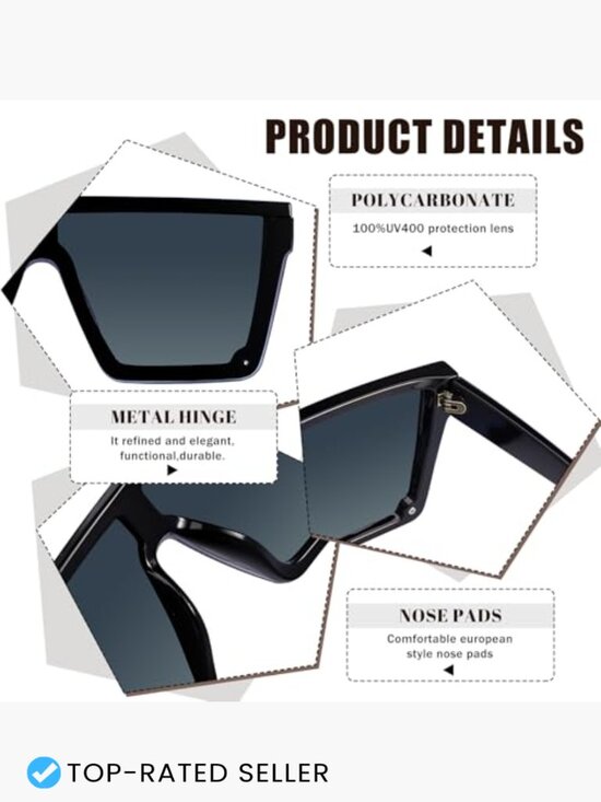 Square Oversized Sunglasses UV400 Protection Flat Top Frameless Classic